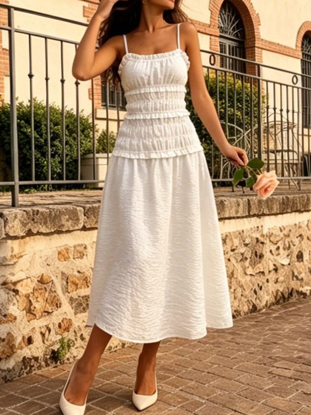 White Elegant Women's Multi-Layer Ruffle Slim Fit Spaghetti Strap Maxi Dress - Picture 3 of 7